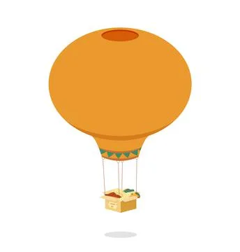 Balloon attached to box. Orange air travel vehicle carry open box creative Stock Illustration