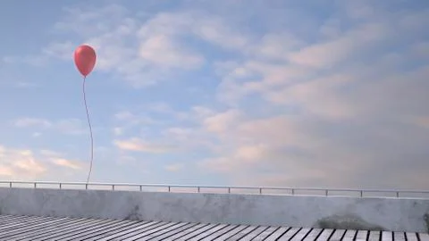 Balloon attached to railing of a terrace, 3D rendering Stock Illustration