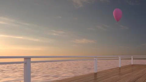 Balloon attached to railing of a terrace, 3D rendering Stock Illustration