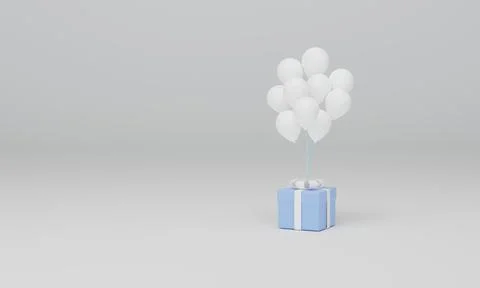 Balloon with blue gift box isolated on white background. 3d render illustrati Stock Illustration