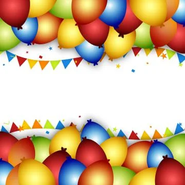 Balloon celebration background with flags, confetti and ribbons. Stock Illustration