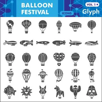 Balloon festival solid icon set, Hot Air Balloon symbols collection or sketches Stock Illustration