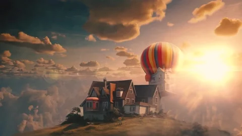 Balloon with house flies above the clouds. Real Estate Concept video Stock Footage 254557059