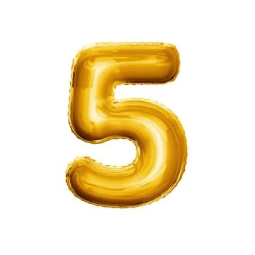 Balloon number 5 Five 3D golden foil realistic alphabet Stock Illustration