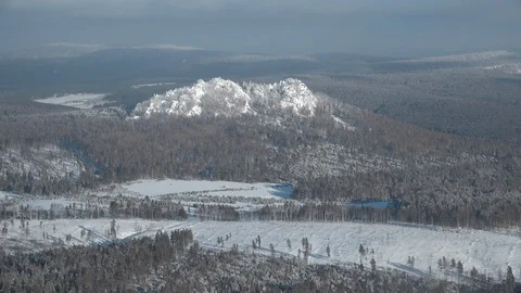 Balloon over the mountains, Bashkortostan, winter Stock Footage 102932755