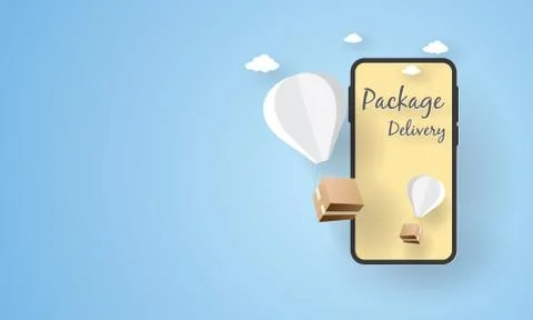 Balloon with package floating in online delivery services Stock Illustration