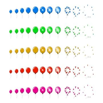Balloon pop, explosion, burst animation step, frames isolated on white Stock Illustration