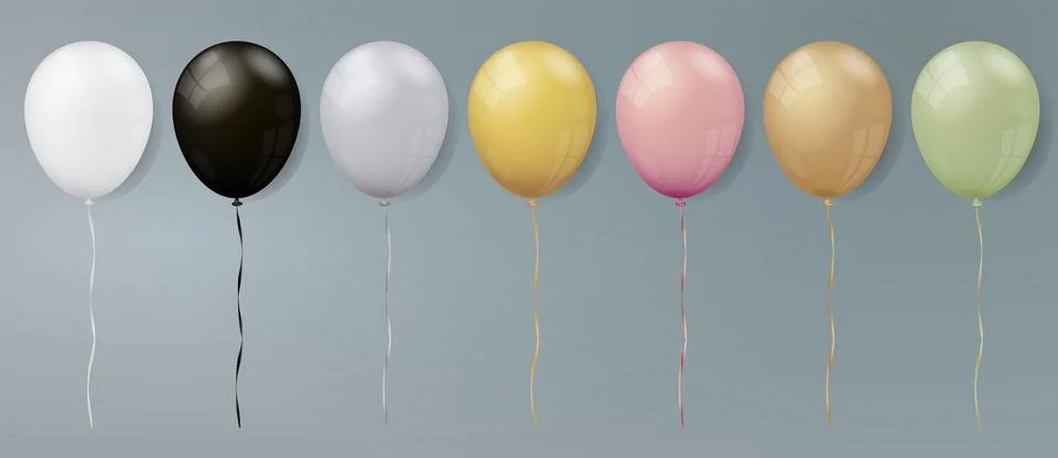 Balloon set isolated on soft background. Vector realistic white, black, silve Stock Illustration