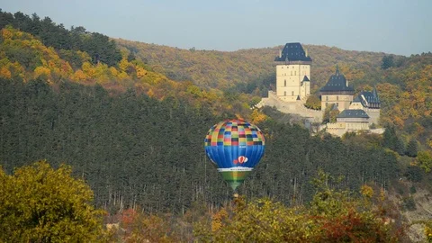 Balloon sightseeing flights over the castle Karlstejn, Bohemia, Czech republic,  Stock Footage 72309067