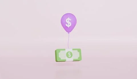 Balloon taking a pack of dollar bill up on the air, Financial inflation Ilustração Stock