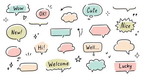 Balloon text frame decoration set. Simple hand drawn pen line speech bubble Stock Illustration