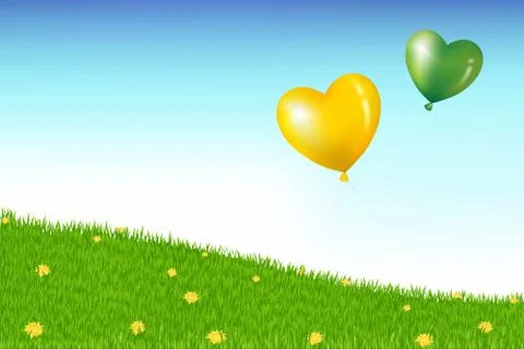 Balloons above grass hill with yellow dandelions Stock Illustration