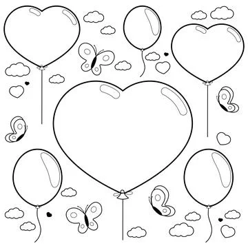 Balloons and butterflies in the sky. Vector black and white coloring page. Stock Illustration