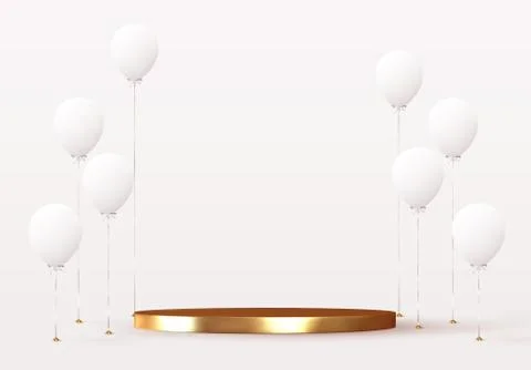 Balloons and presentation platform. Stage podium. Banner template with realis Stock Illustration
