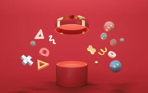 Balloons and Presents with red background, 3d rendering. Stock Illustration