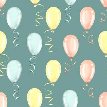 Balloons are multicolored on a turquoise background with ribbons. Watercolor Stock Illustration