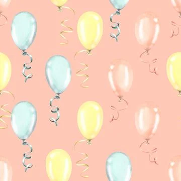 Balloons are multicolored on a white background with ribbons. Watercolor Stock Illustration