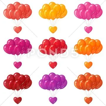 Balloons bunches with hearts, set Stock Illustration