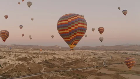 Balloons in Cappadocia. Chasing a ball on a drone. Goreme Stock Footage 120194424