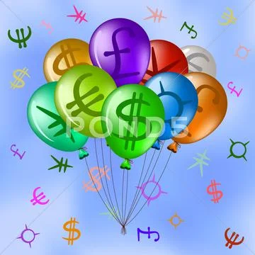 Balloons with currency signs in sky Stock Illustration