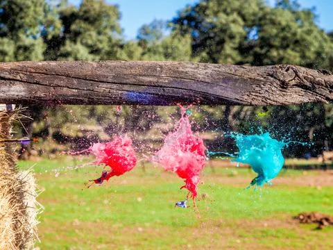 Balloons exploding when hit by an arrow. Closeup hi-speed shot Stock Photos