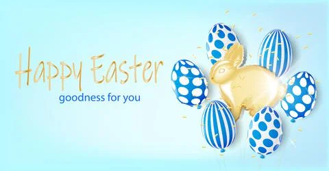 Balloons in the form of Easter bunny and eggs on a blue background Stock Illustration