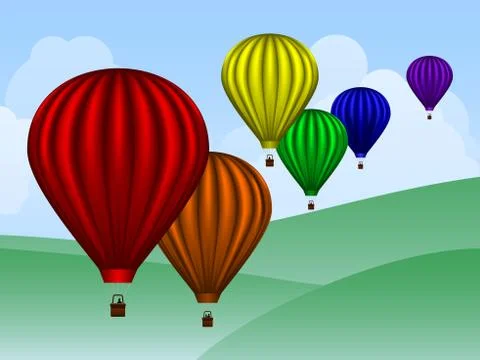 Balloons over hills Stock Illustration