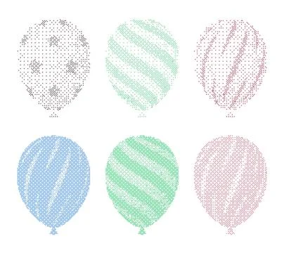 Balloons pixel art vector set. Six dithered pixelated balloon illustrations.. Stock Illustration