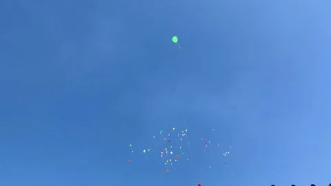 Balloons Rising into Clear Blue Sky Stock Footage 340514888