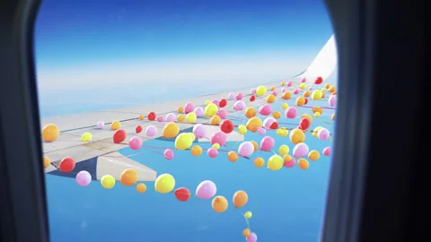 Balloons on strings attached to the wing of an airplane in flight Stock Footage 266420064