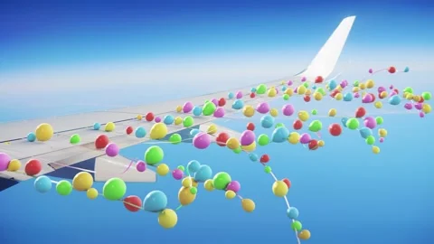 Balloons on strings attached to the wing of an airplane in flight Video stock 266792862