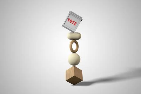 Ballot box balanced on primary shapes demonstrating Election risk. 3D illustr Stock-Illustration