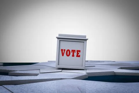 Ballot box on broken ice demonstrating Election risk. 3D illustration Illustrazione stock