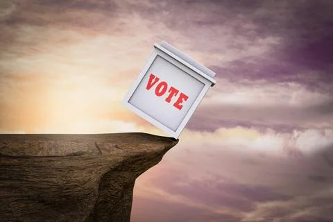 Ballot box on the edge of the cliff demonstrating Election risk. 3D illustrat Stock Illustration