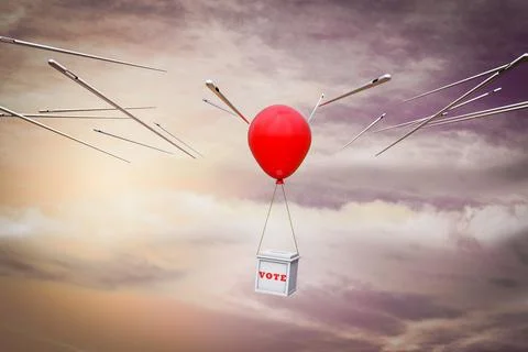 Ballot box is hung from a balloon surrounded by needles demonstrating voting Stock Illustration