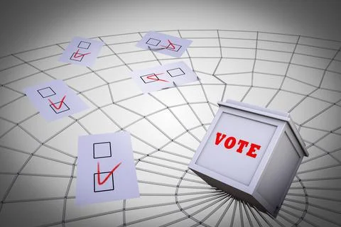 Ballot box on a spider web demonstrating Election fraud concept. 3D illustrat Stock Illustration