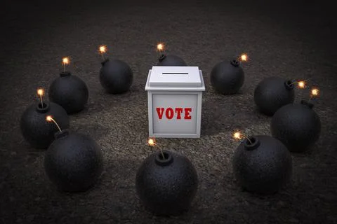 Ballot box surrounded by bombs demonstrating voting issue. 3D illustration Stock Illustration