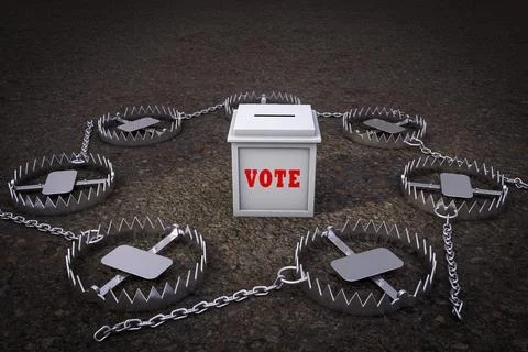 Ballot box surrounded by Metal bear trap demonstrating voting issue. 3D illus Stock Illustration
