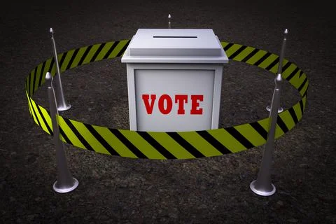 Ballot box surrounded by warning tape demonstrating voting issue. 3D illustra Stock Illustration