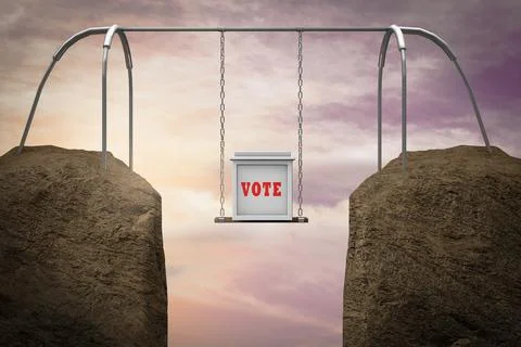 Ballot box on a swing between two mountains demonstrating Election risk. 3D i Illustrazione stock