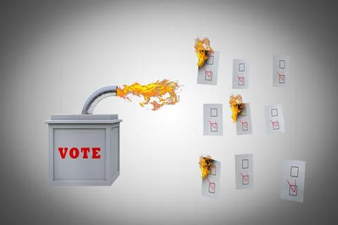 Ballot box throws fire at votes demonstrating Election fraud concept. 3D illu Stock Illustration