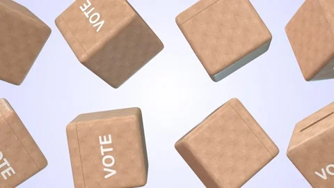 Ballot Boxes Falling on a Light Blue Background. Voting Boxes 3D Animation. 4K Stock Footage 304586367