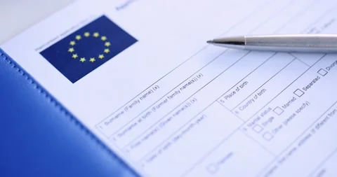 Ballpoint pen lying on table with schengen visa application 4k movie slow motion Stock Footage 165273541