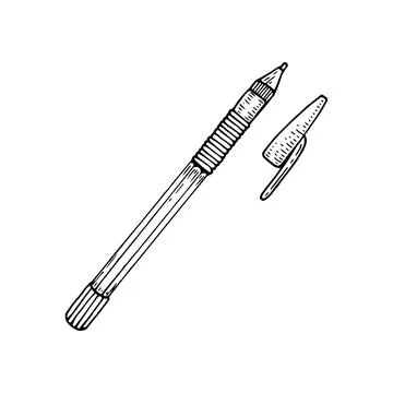 Ballpoint pen with open cap sketch. Stationery item line art. Hand drawn do.. Illustrazione stock