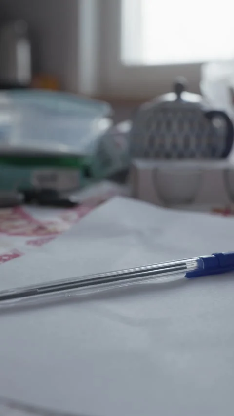 Ballpoint pen resting on white paper with blurred desk items and soft window Stock Footage 344824178