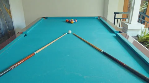 Balls and Two Sticks on A Billiard Table Outside The Resort Stock Footage 161961258