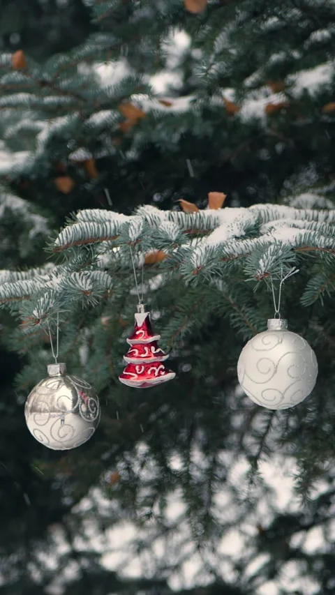 Balls on branches Christmas tree under snowfall in winter outdoor, slow motion Stock Footage 253333596