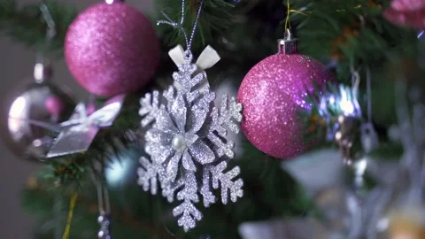 Balls on the Christmas tree. silver snowflake in the form of a toy on a Christma Stock Footage 165544754