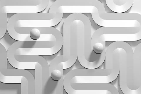 Balls roll along curved paths of the labyrinth, computer graphic design. 3d イラスト素材