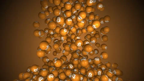 Balls with the symbol of bitcoin smoothly fall and bounce off each other Stock Footage 173062332
